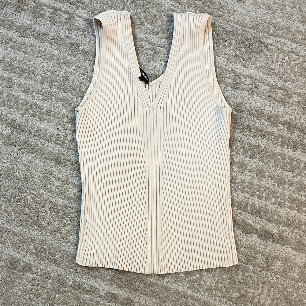 Colette Mordo Elegant Stretchy Cream Ribbed Silk Sleeveless Top XL